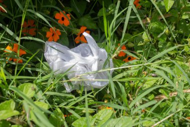 İçi çöp dolu beyaz torba, ormana atılmış, çevreyi kirletiyor.