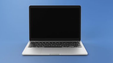 Mavi arkaplanın önündeki görüntüler için yeşil ekranlı modern laptop. Yüksek kaliteli FullHD görüntüler