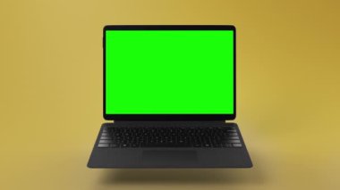 Yeşil ekranlı modern dönüştürülebilir dizüstü bilgisayar. Sarı arkaplan Yüksek kalite FullHD görüntüler