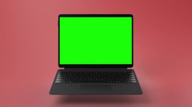 Yeşil ekranlı modern dönüştürülebilir dizüstü bilgisayar. Kırmızı arkaplan Yüksek kaliteli FullHD görüntüleri