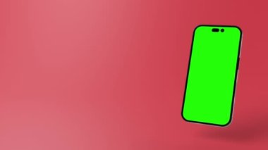 Uygulamalar ve mobil web sitesi modellemeleri için yeşil ekran ekranlı animasyon akıllı telefon. Pembe arka plan. Yüksek kalite 4k görüntü