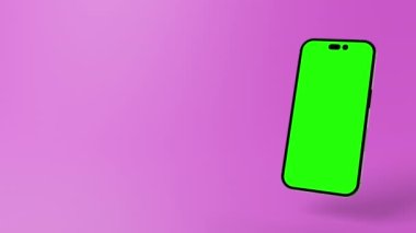 Uygulamalar ve mobil web sitesi modellemeleri için yeşil ekran ekranlı animasyon akıllı telefon. Pembe arka plan. Yüksek kalite 4k görüntü
