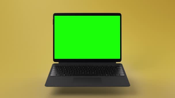 现代可转换笔记本电脑与绿色屏幕上的展示 黄色背景高质量Fullhd镜头 — 图库视频影像