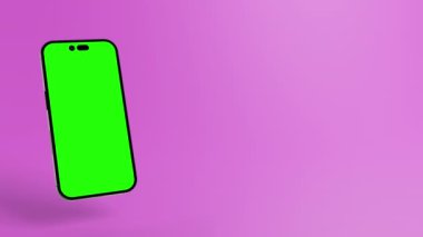 Uygulamalar ve mobil web sitesi modellemeleri için yeşil ekran ekranlı animasyon akıllı telefon. Pembe arka plan. Yüksek kalite 4k görüntü