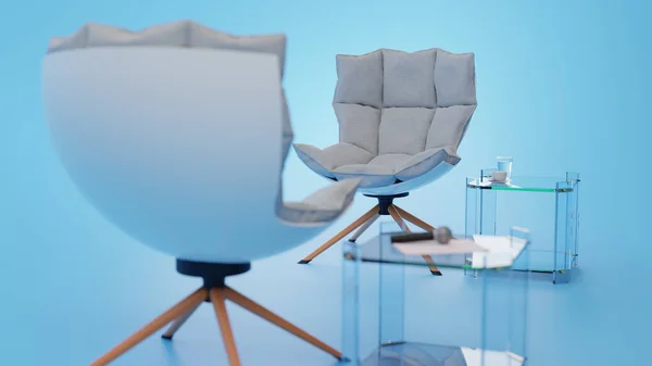nice looking 3D interview location in front of blue backdrop. Interview setup with studio lighting. Two chair webinar setting. High quality 3d illustration