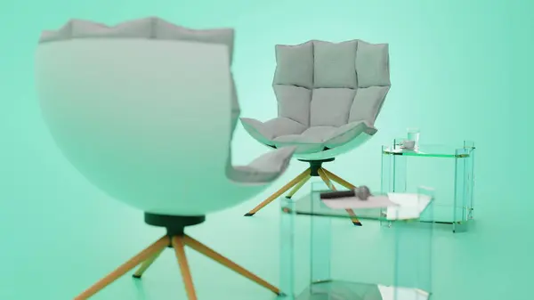 Beyaz arka fonun önünde 3 boyutlu görüşme yeri güzel görünüyor. Stüdyo ışıklandırmasıyla görüşme ayarlandı. İki sandalyelik ağ. Yüksek kalite 3d illüstrasyon