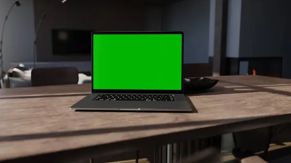 3D Laptop with green screen on display in home office. High quality photo