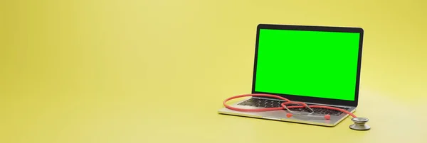 Sarı arka planda steteskoplu modern bir dizüstü bilgisayarın 3 boyutlu görüntüsü. Yüksek kalite 3d illüstrasyon