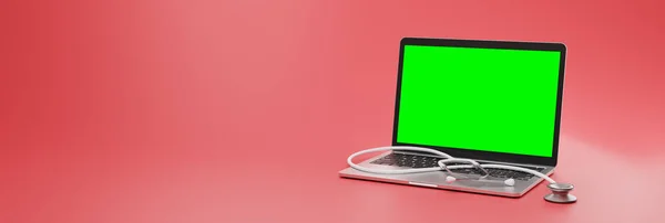 Kırmızı arka planda steteskoplu modern bir dizüstü bilgisayarın 3 boyutlu görüntüsü. Yüksek kalite 3d illüstrasyon