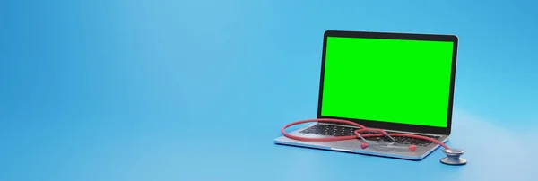 Mavi arka planda steteskoplu modern bir dizüstü bilgisayarın 3 boyutlu görüntüsü. Yüksek kalite 3d illüstrasyon