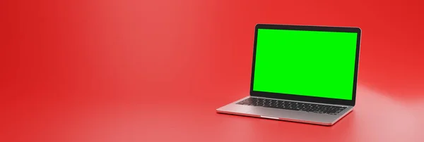 Kırmızı arkaplan önünde birleştirme için şeffaf ekranlı modern bir defterin geniş ekran resmi. Yüksek kalite fotoğraf