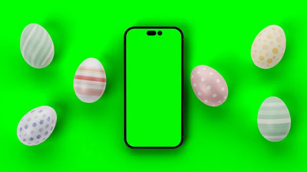 Üç boyutlu modern akıllı telefon, şeffaf ekran ve paskalya yumurtaları. Yüksek kalite fotoğraf