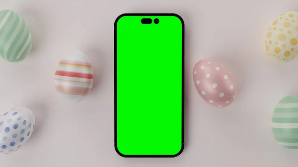Çevresinde şeffaf ekran ve paskalya yumurtaları olan modern akıllı telefonun 3 boyutlu görüntüsü. Yüksek kalite fotoğraf