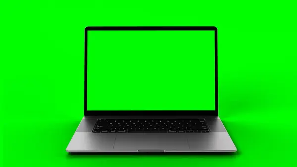 3D rendered , slim Laptop with green screen display and background for content replacement. High quality photo