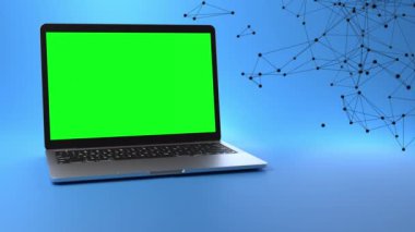 Pleksus efektli mavi arka planda yeşil ekranlı dizüstü bilgisayar. Yüksek kalite 4k görüntü