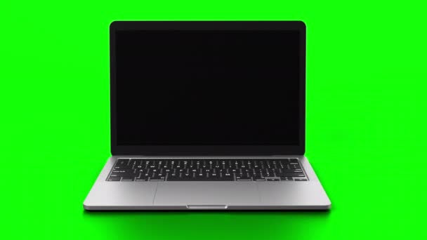 Laptop Zielonym Ekranem Wyświetlaczu Obraca Się Widoku Przed Zielonym Tle — Wideo stockowe