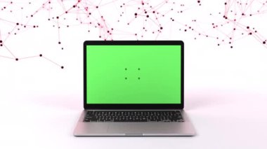 Ekranda boş yeşil ekranlı ve pleksus bulutlu üç boyutlu dizüstü bilgisayar animasyonu. Yüksek kalite 4k görüntü