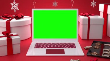 Noel tanıtımı ve yemek tarifleri için Chroma Key 'li şenlikli dizüstü bilgisayar animasyonu. Yüksek kaliteli FullHD görüntüler