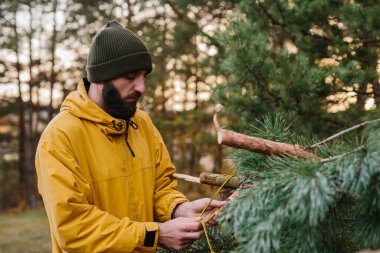 Ormanda barınak inşa eden bir adam. Ormandaki çam dallarından korunmak için..