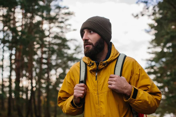Horizontal Portrait Hiker Young Male Hiking Mountains Travel Backpack Traveler — Stock Photo, Image