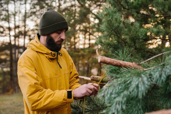 Man Bygger Ett Överlevnadshem Skogen Skydd Skogen Från Tallgrenar — Stockfoto