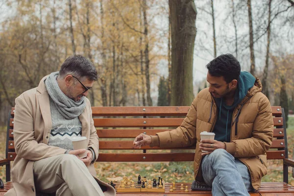 Πολυεθνικοί Άνδρες Που Παίζουν Σκάκι Στο Πάρκο Του Φθινοπώρου Παγκάκι — Φωτογραφία Αρχείου