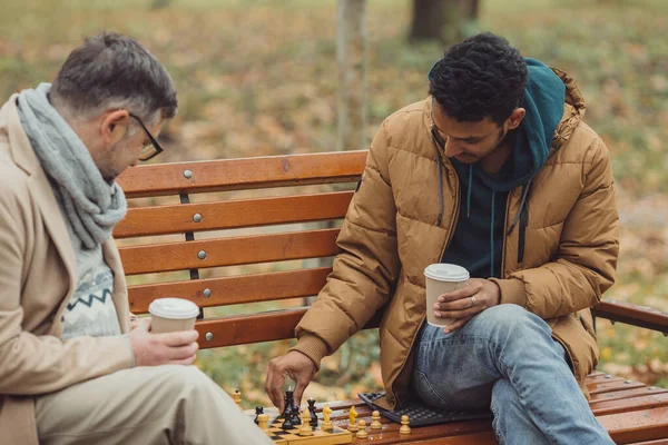 Πολυεθνικοί Άνδρες Που Παίζουν Σκάκι Στο Πάρκο Του Φθινοπώρου Παγκάκι — Φωτογραφία Αρχείου