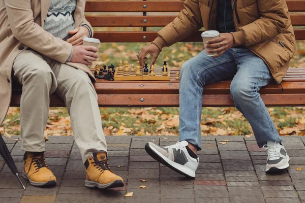 Multietničtí Muži Učitel Student Hrají Šachy Podzimním Parku Lavičce — Stock fotografie
