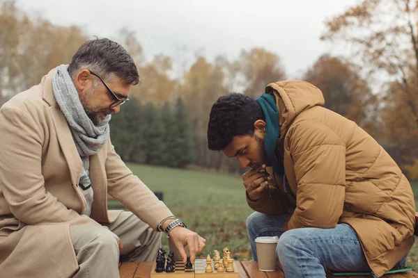 一位高年级白人和一位印度教青年正在秋天公园的长椅上下棋 代际友谊概念 — 图库照片