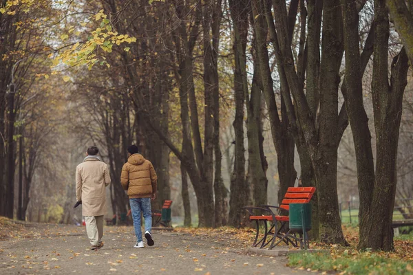 Multicultural friendship of people of different ages. Friends are walking in the autumn park.