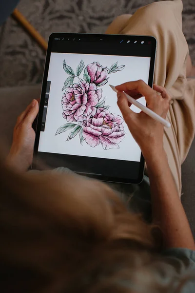 stock image Artist or designer making new project, drawing on a graphic tablet with pencil, close-up on a screen.