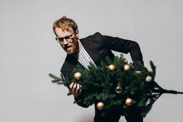 Red Haired Handsome Man Black Jacket Glasses Dances Christmas Tree — Stock Photo, Image