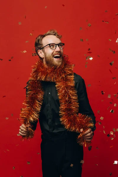 Red Haired Cheerful Man Glasses Golden Boa New Year Party — Stock Photo, Image