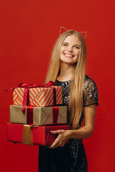 Merry Christmas Happy Blonde Woman Festive Dress Holding Christmas Presents — Stock Photo, Image