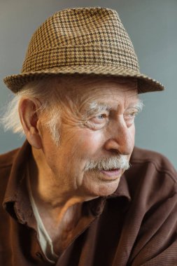 Kapatın. Gri saçlı yaşlı bir adamın düşünceli portresi..