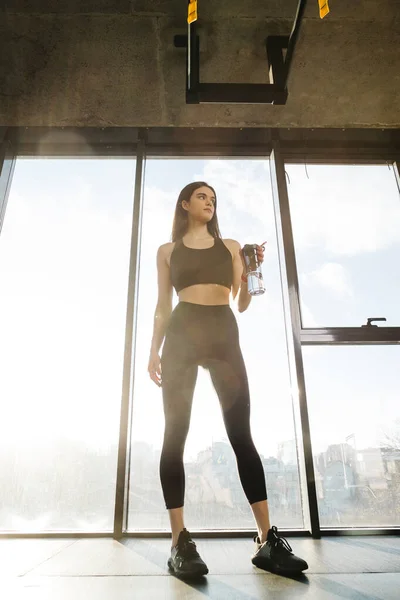 Attractive Sporty Girl Drinks Water While Standing Window Fitness Class — ストック写真