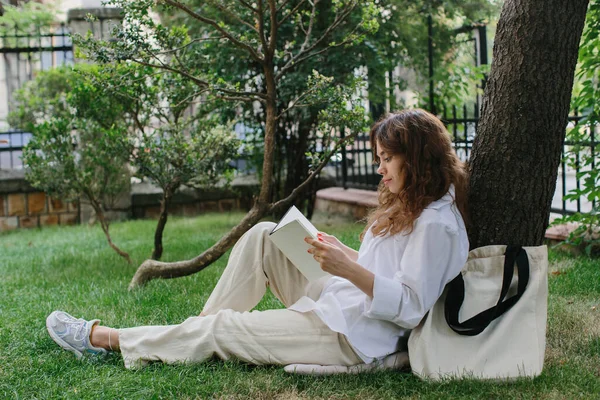 Magazine Book Image Mockup Girl Relaxes Lawn Courtyard Coffee Shop — Stockfoto