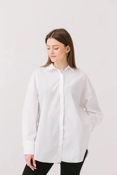 Photo Pretty Woman White Shirt Isolated White Background Shirt Mockup — Foto Stock