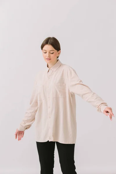 Photo Beautiful Brunette Woman Colored Shirt Isolated White Background Shirt — Foto Stock