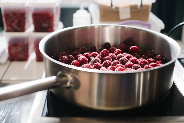Close Process Kitchen Caramelization Cherries — Stock Photo, Image