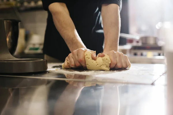 Close Cook Kneads Dough His Hands Making Macaroons Cakes — Stock Photo, Image