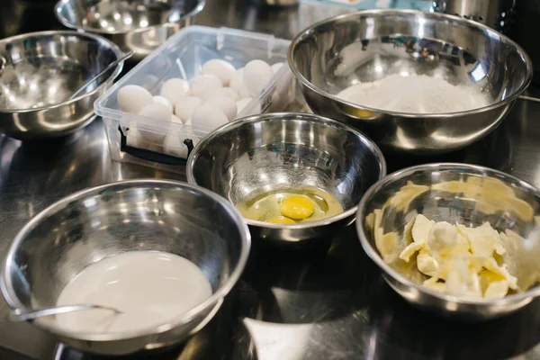 Ingredients Baking Cakes Close Eggs Butter Milk Sugar — Stock Photo, Image