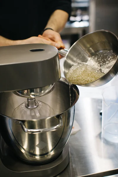 Chef Works Dough Mixer Adding Caramel Close — Stock Photo, Image