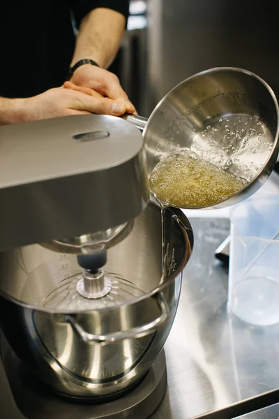 Chef Works Dough Mixer Adding Caramel Close — Stock Photo, Image