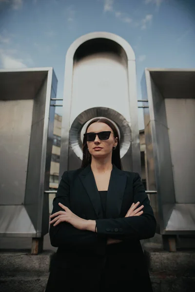 Fashion Portrait Young Elegant Woman Outdoors Black Suit Sunglasses Gray — Stock Photo, Image