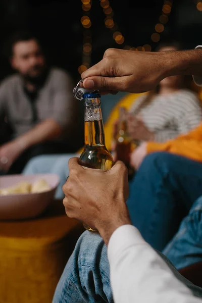 Opening Bottle Beer Close Group Friends Has Fun Watching Movie — Stock Photo, Image