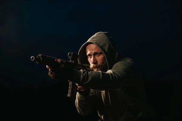 Armed Ukrainian Military Man Aiming His Rifle Night — Stock Photo, Image