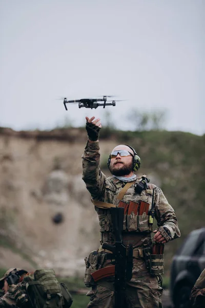 Civilian Drone Used Ukrainian Military Man — Stock Photo, Image