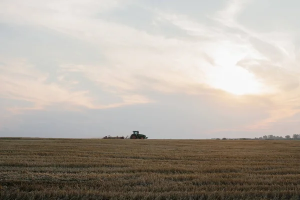 Modern Tractor Heavy Trailed Disc Harrow Plows Wheat Field Sunset — Stock Photo, Image