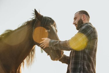 Genç bir adam gün batımında bir atı okşar. Genç sakallı çiftçi çiftlikte atlara bakıyor..